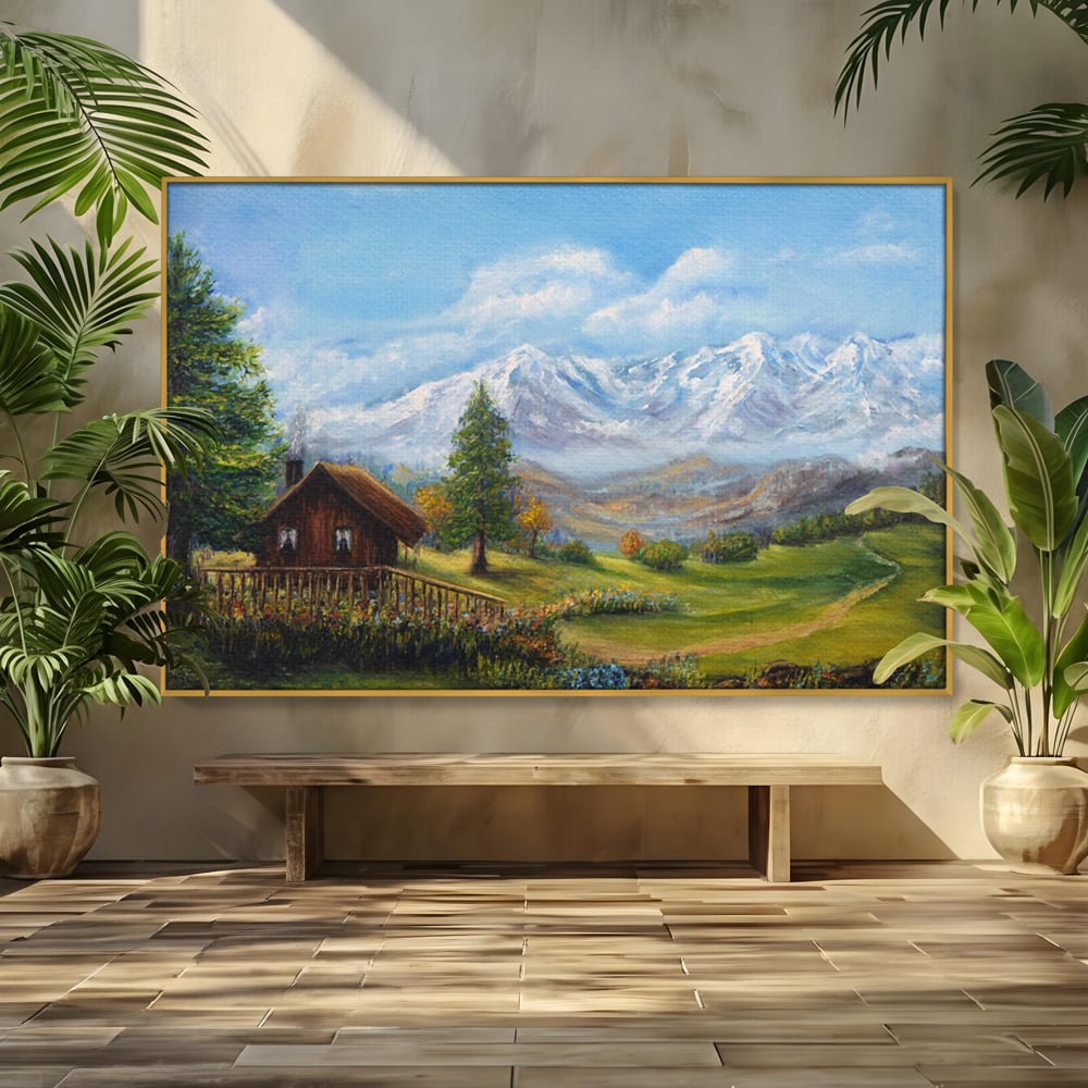 Tablou canvas cu tablou canvas cu peisaj montan si cabana, in rama de aluminiu auriu